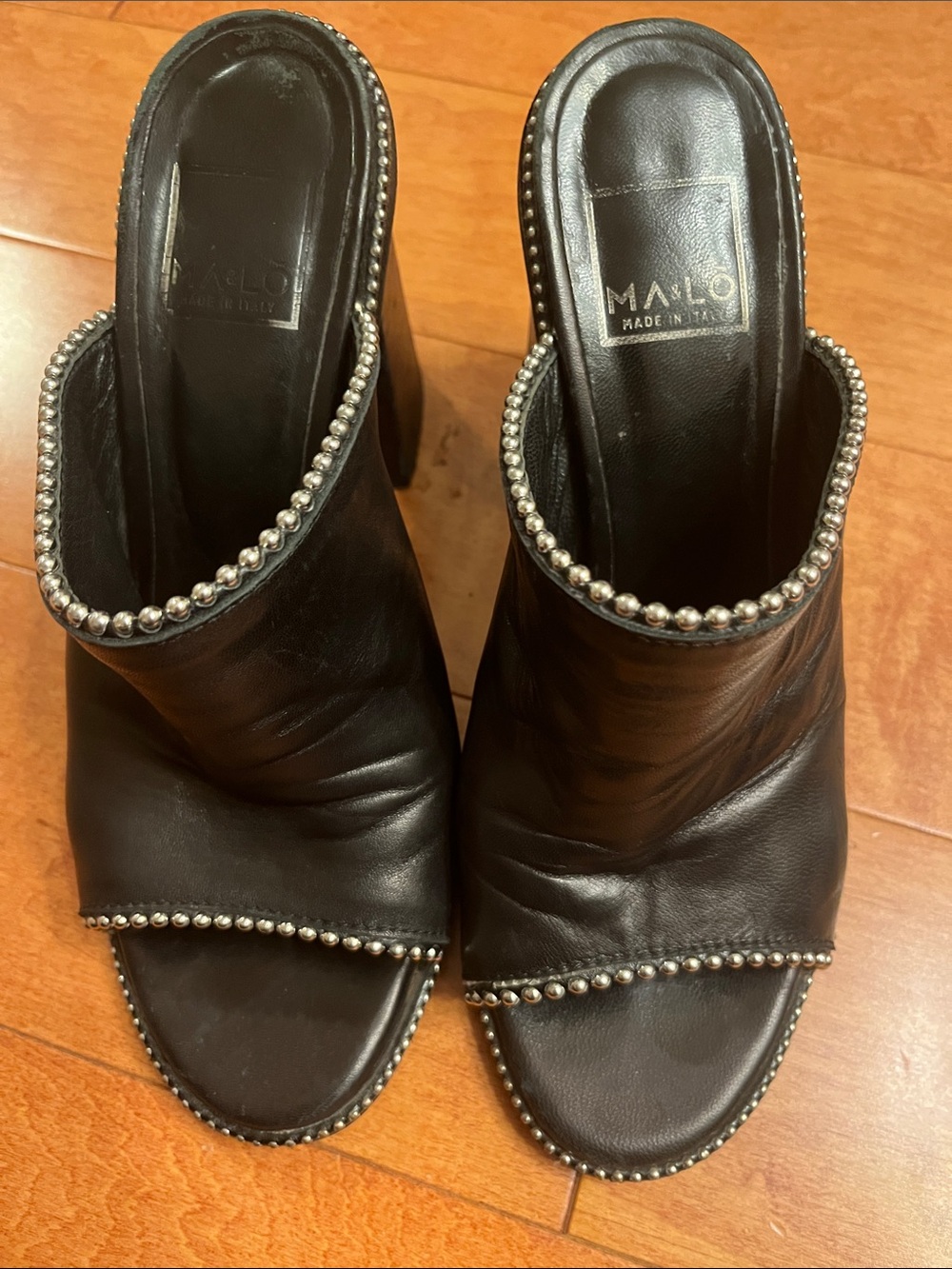 Black Leather silver Beaded Mule Heels